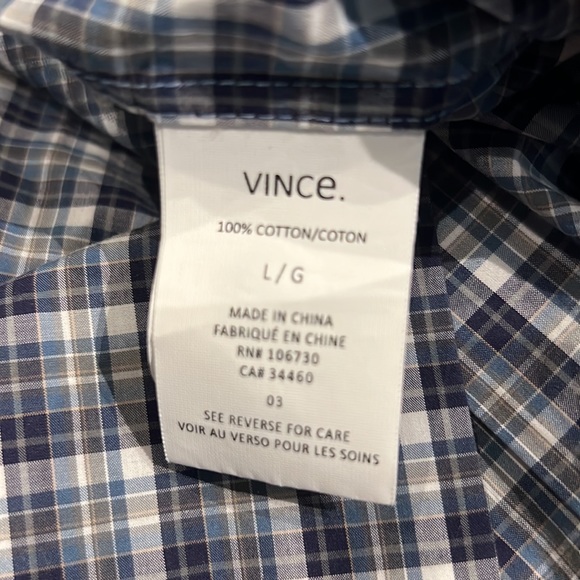 NEW Vince 100% Cotton Men’s Button Down in Black/Grey/White pattern, Size Large - Picture 8 of 10